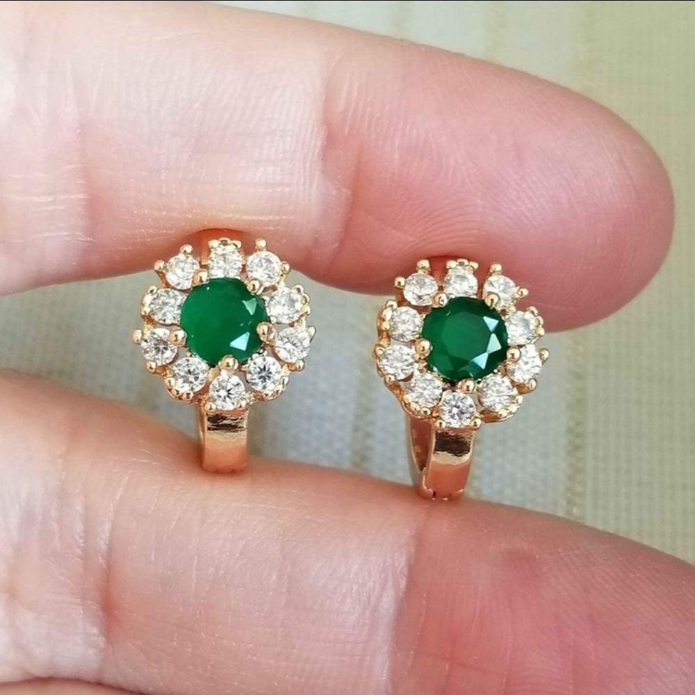 New 18K Gold Plated Round Cut Emerald Diamond Hoop Earrings for Women - Picture 2 of 11